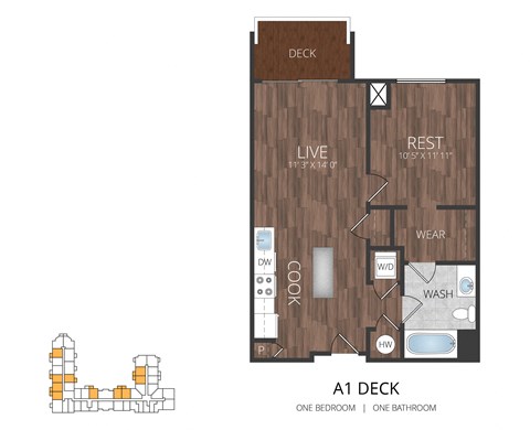 Floor plan for 1 bed, 1 bath, 633 sqft
